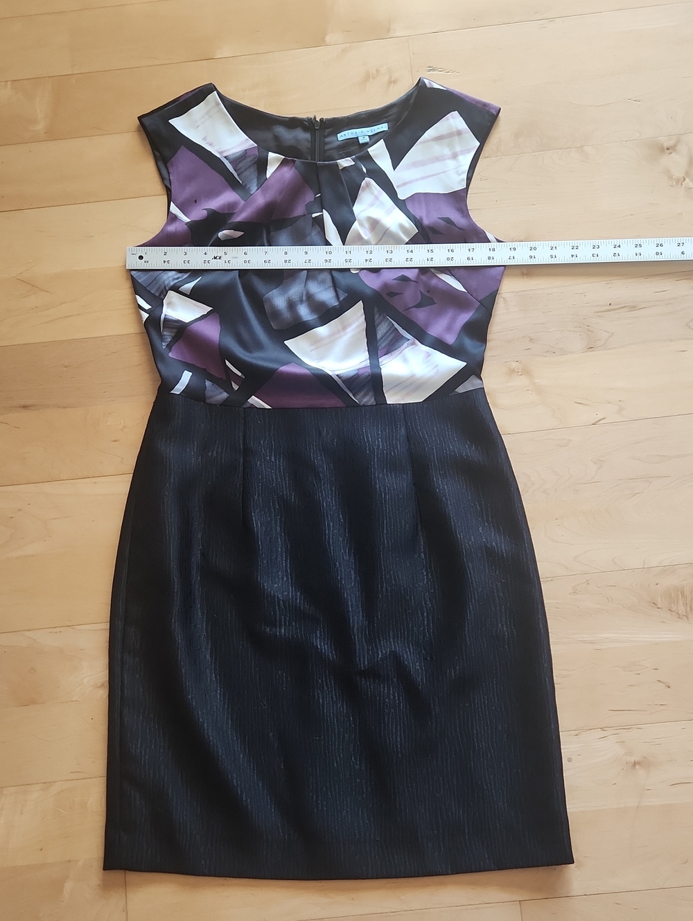 LAST CHANCE ANTONIO MELANI Black Pencil Dress with Purple Cream Geometric Bodice